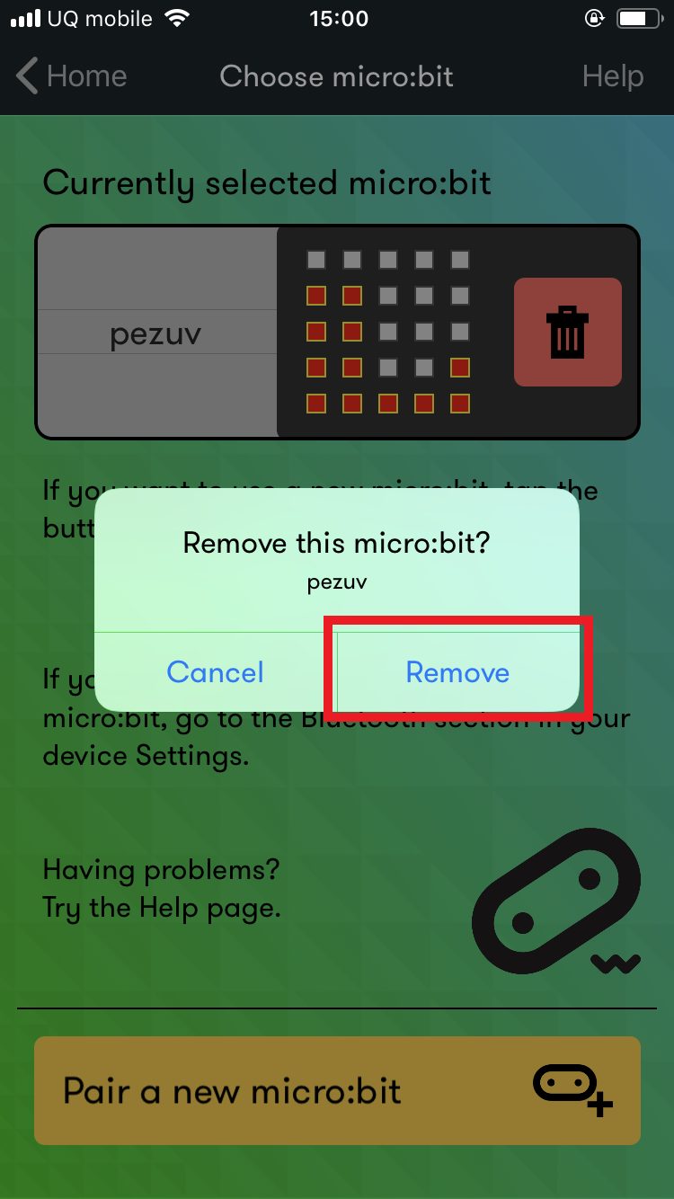 micro:bitアプリの「Remove this micro:bit?」メッセージの画像