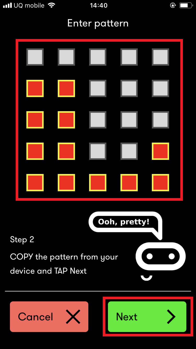 micro:bitアプリの「Enter pattern」画面の画像