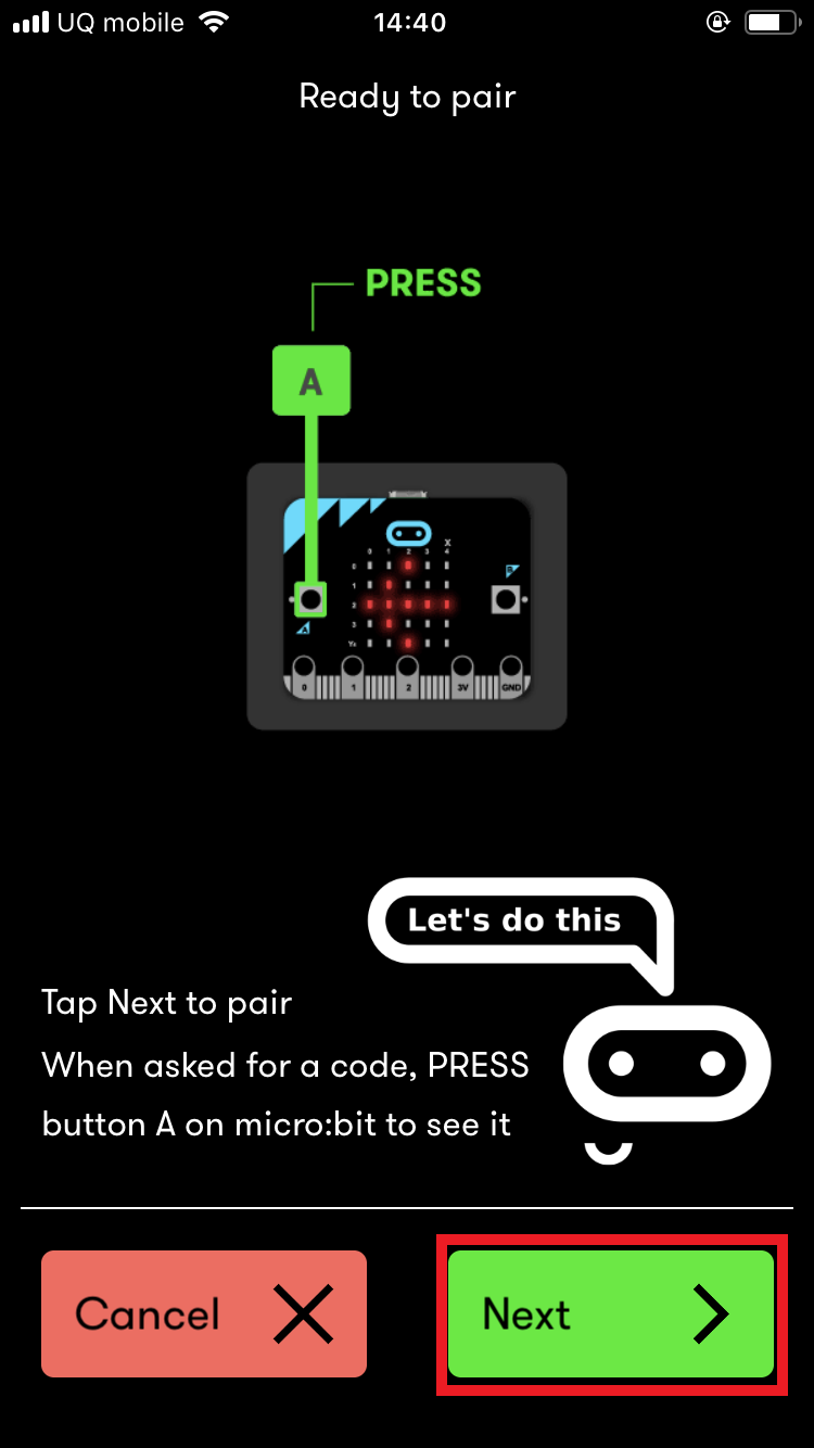micro:bitアプリの「Ready to pair」画面の画像
